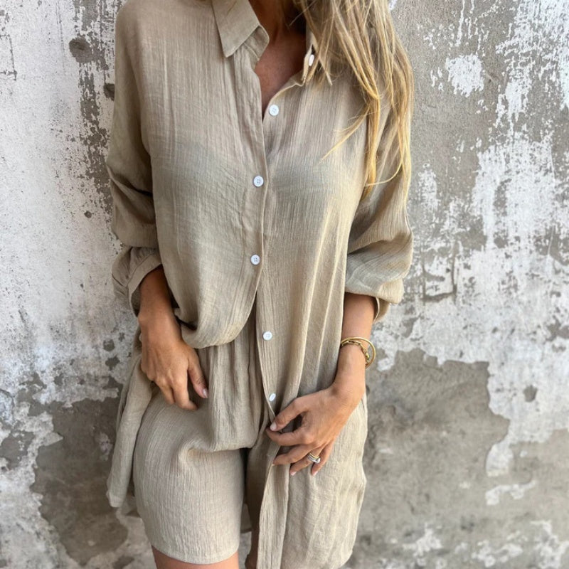 ✨Long Sleeve Shirt & Shorts Set: Women's Casual 2-Piece, Soft Fabric for All-Day Wear