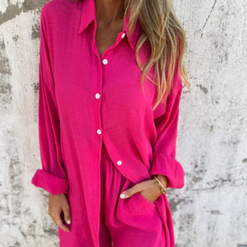 ✨Long Sleeve Shirt & Shorts Set: Women's Casual 2-Piece, Soft Fabric for All-Day Wear