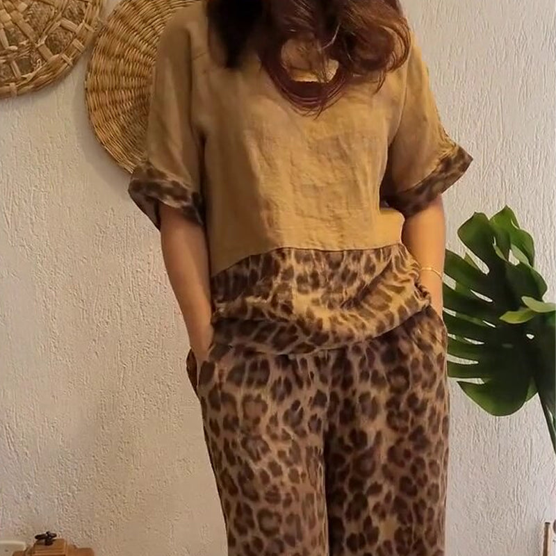 🎨Stylish Patchwork Short Sleeve Top & Wide Leg Pants Two Piece Set👯