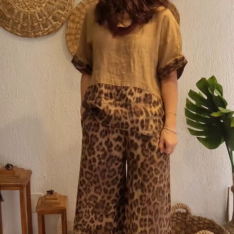 🎨Stylish Patchwork Short Sleeve Top & Wide Leg Pants Two Piece Set👯