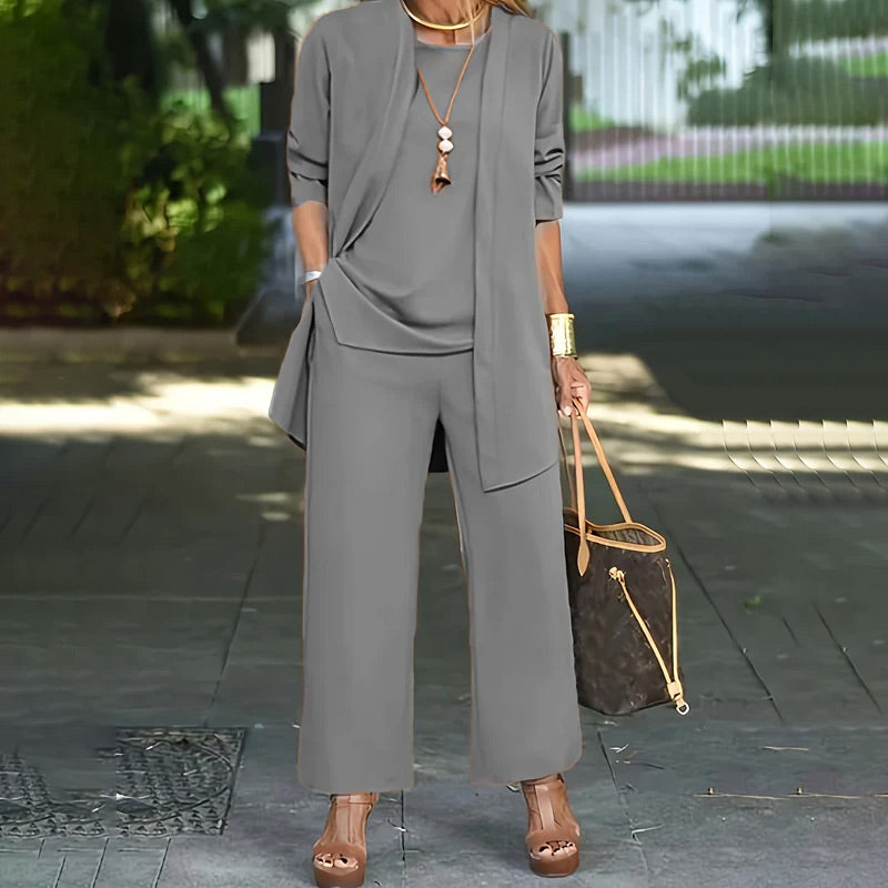 💎 50% OFF! 💎 Elegant Women's Relaxed Fit 3-Piece Set – Minimalist Wide-Leg Pants, Cardigan & Top in Luxe Stretch Fabric 🌟👚