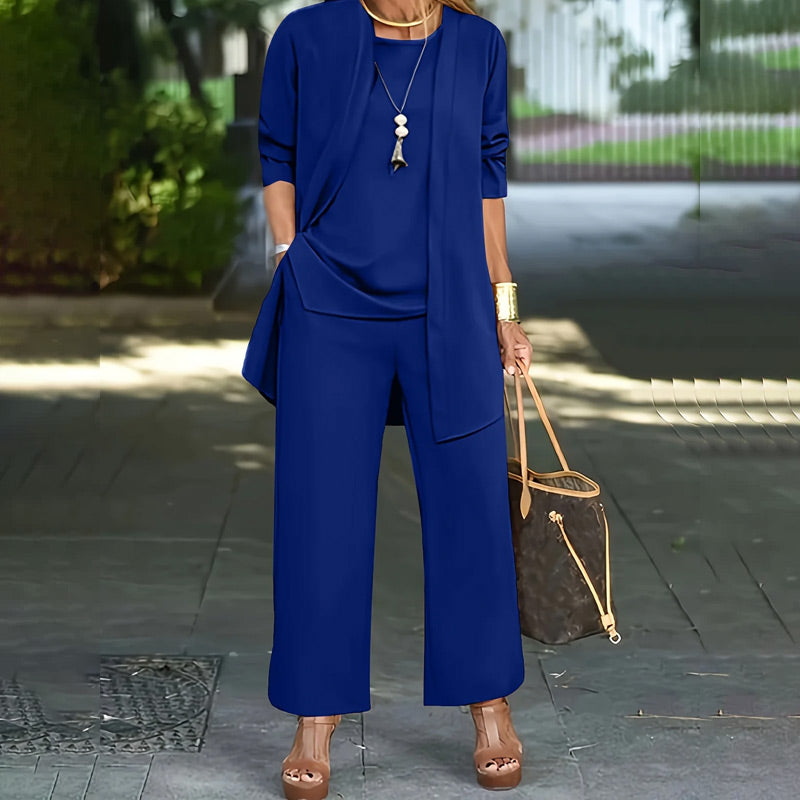 💎 50% OFF! 💎 Elegant Women's Relaxed Fit 3-Piece Set – Minimalist Wide-Leg Pants, Cardigan & Top in Luxe Stretch Fabric 🌟👚