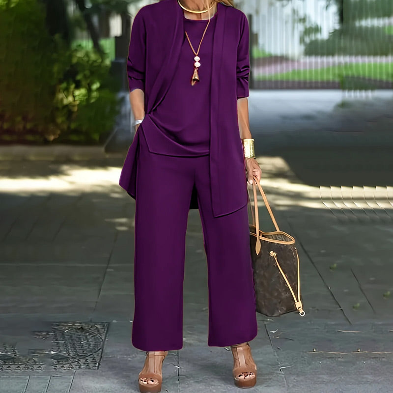 💎 50% OFF! 💎 Elegant Women's Relaxed Fit 3-Piece Set – Minimalist Wide-Leg Pants, Cardigan & Top in Luxe Stretch Fabric 🌟👚